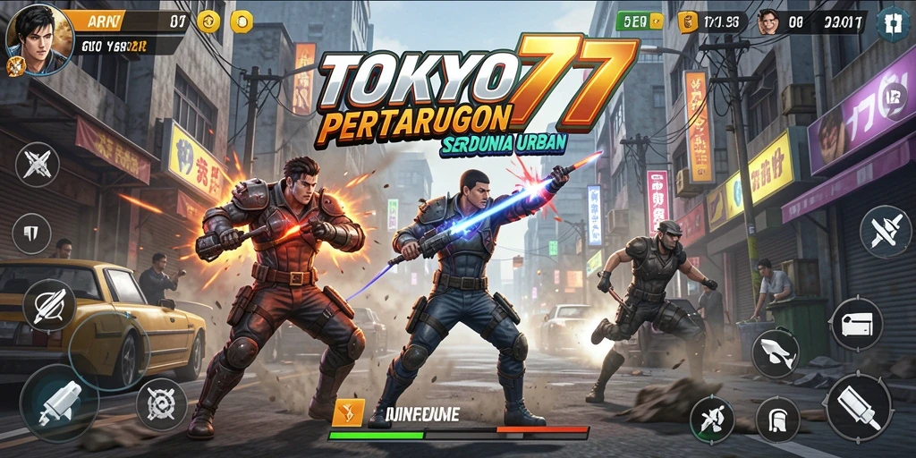 Tampilan aksi seru di <strong>TOKYO77</strong> dengan pertarungan karakter di arena kota.