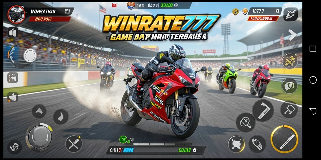 Tampilan gameplay mendebarkan dari WINRATE777 saat aksi balapan motor.